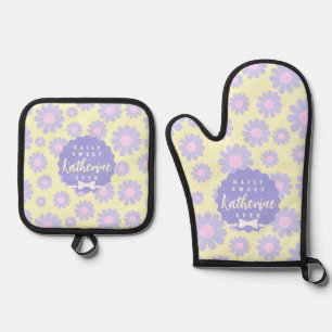 Ensemble De Gant De Cuisine Et De Manique Sweet Daisy Baby Jaune violet rose