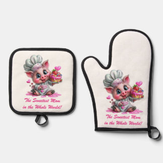 Ensemble De Gant De Cuisine Et De Manique Sweetest Mom Pig Chef Oven Mitts & Pot Holder Set