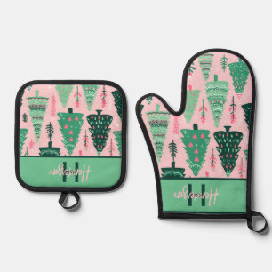 Ensemble De Gant De Cuisine Et De Manique Sympa Fun Pink & Green Christmas Tree Nom du Motif