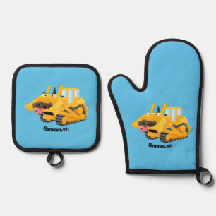Ensemble De Gant De Cuisine Et De Manique Sympa joli caractère de dessin animé au bulldozer 