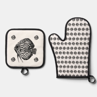 Ensemble De Gant De Cuisine Et De Manique Tablier Poisson Monochrome