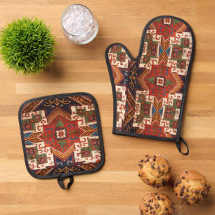 Ensemble De Gant De Cuisine Et De Manique Tapis Vintage rouge noir coloré oriental