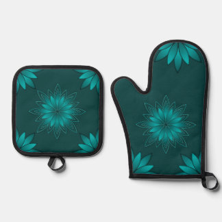 Ensemble De Gant De Cuisine Et De Manique Teal Leaf Mandala Design on Dark Cyan