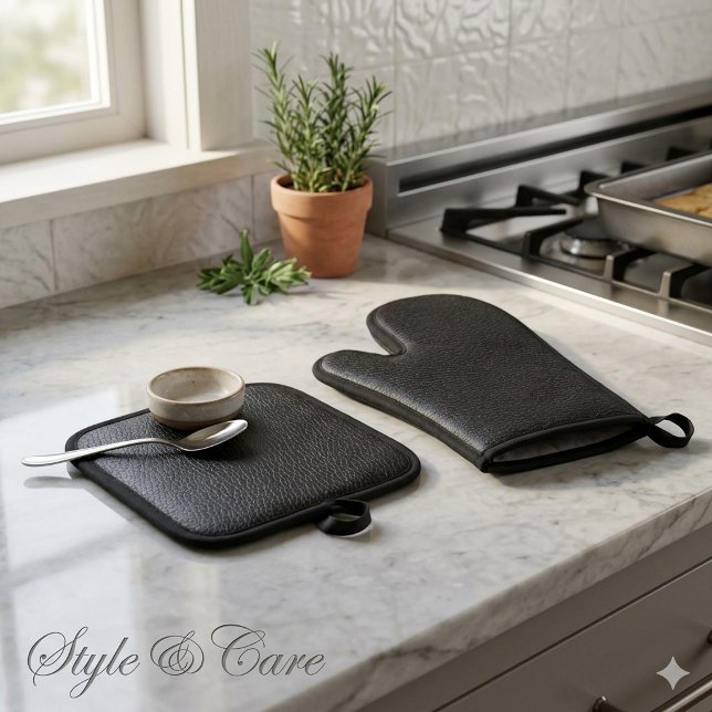 Ensemble De Gant De Cuisine Et De Manique Texture de finition en cuir noir élégant (Elegant Black Leather Finish Texture Oven Mitt & Pot Holder Set)