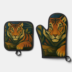 Ensemble De Gant De Cuisine Et De Manique Tigre stylisé dans le cadre ornemental Sunburst