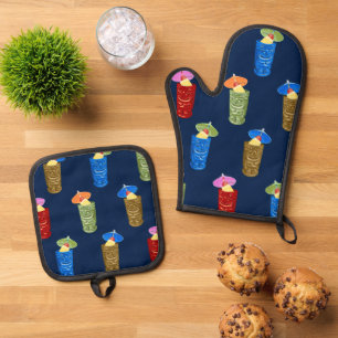 Ensemble De Gant De Cuisine Et De Manique Tiki Mugs Retro Hawaiian Dropical Navy