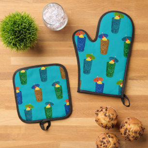 Ensemble De Gant De Cuisine Et De Manique Tiki Mugs Retro Hawaiian Tropical Boissons Turquoi
