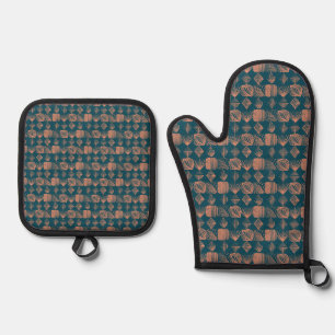 Ensemble De Gant De Cuisine Et De Manique Tissu Tribal Gras des Caraïbes : Turquoise, Jeu de