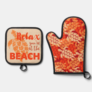 Ensemble De Gant De Cuisine Et De Manique Tortue de mer de Honu Tapa hawaïen en oranges