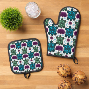 Ensemble De Gant De Cuisine Et De Manique Tortues marines sarcelle et verte motif lotus 