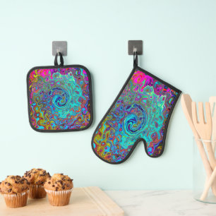 Ensemble De Gant De Cuisine Et De Manique Trippy Sky Blue Abstrait Retro Liquid Swirl