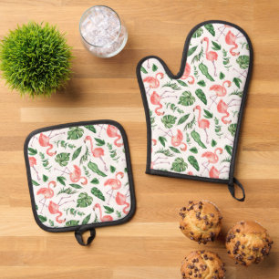 Ensemble De Gant De Cuisine Et De Manique Tropical Pink Flamingo Pattern v2