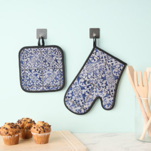 Ensemble De Gant De Cuisine Et De Manique Tuiles portugaises - Azulejo Floral bleu et blanc