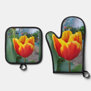 Ensemble De Gant De Cuisine Et De Manique Tulipe Fleur Rouge Jaune Florale Photo Fleurie