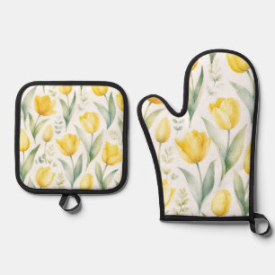 Ensemble De Gant De Cuisine Et De Manique Tulipes jaunes Peinture florale aquarelle Botaniqu