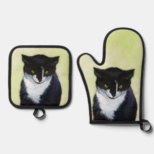 Ensemble De Gant De Cuisine Et De Manique Tuxedo Chat Portrait Peinture Cute Art Original