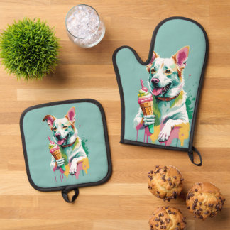 Ensemble De Gant De Cuisine Et De Manique Un chien heureux mangeant une glace
