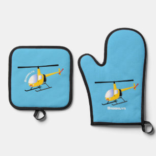 Ensemble De Gant De Cuisine Et De Manique Un joli hélicoptère de dessin animé jaune