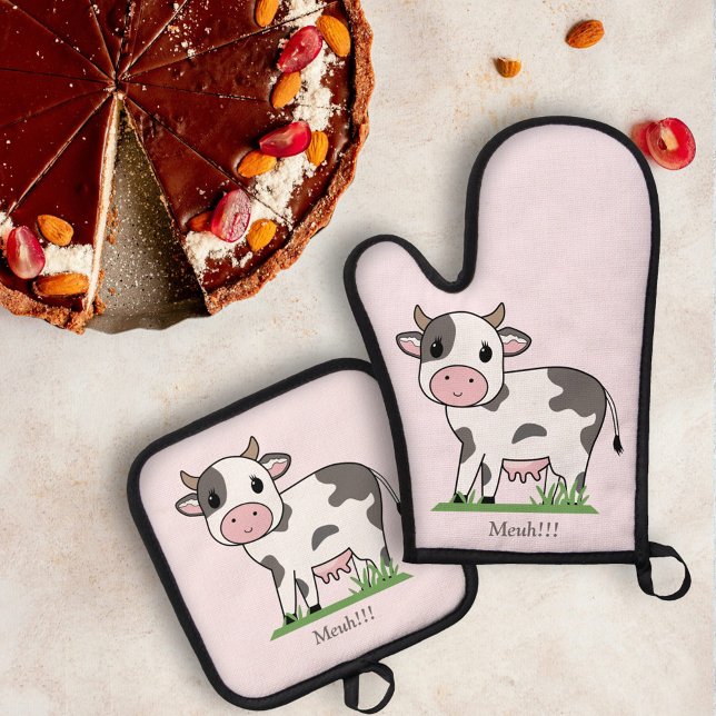 Ensemble De Gant De Cuisine Et De Manique Vache mignonne rose (Cute Cow Pink Oven Mitt & Pot Holder Set)