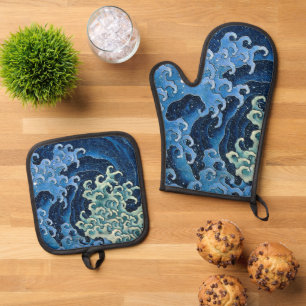 Ensemble De Gant De Cuisine Et De Manique Vague féminine de Hokusai Océan Vintage 