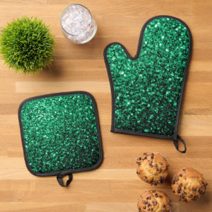 Ensemble De Gant De Cuisine Et De Manique Vert émeraude faux paillettes scintillent