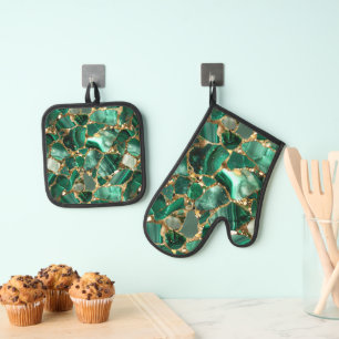 Ensemble De Gant De Cuisine Et De Manique Vert Jasper et or