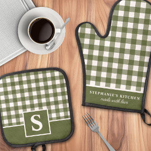 Ensemble De Gant De Cuisine Et De Manique Vert olive Gingham Carreaux Vichy À Monogramme