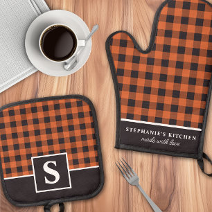 Ensemble De Gant De Cuisine Et De Manique Vichy orange et noir Cuisine d'automne Monogramme