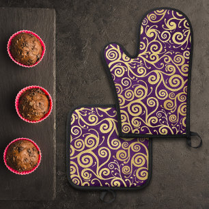 Ensemble De Gant De Cuisine Et De Manique Vintage Gold Swils Motif Chic Purple Eggplant