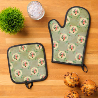 Ensemble De Gant De Cuisine Et De Manique Vintage Rose Doiliers Faded Smoky Green Damask