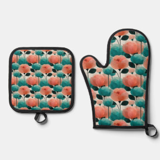 Ensemble De Gant De Cuisine Et De Manique Vintage Watercolor Pink and Green Floral