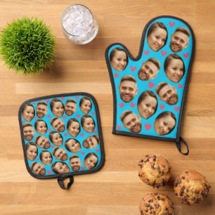 Ensemble De Gant De Cuisine Et De Manique Visage Photo Personnalisé Cœur Couple Bleu Clair