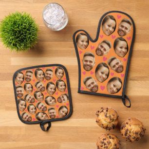 Ensemble De Gant De Cuisine Et De Manique Visage Photo personnalisée avec coeur Couple Orang