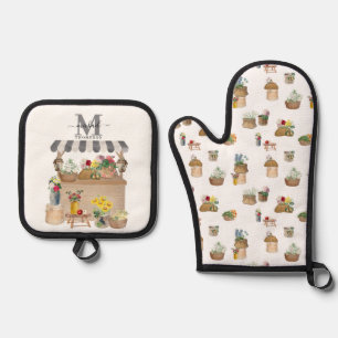 Ensemble De Gant De Cuisine Et De Manique Watercolor Farmer's Market Floral Cart Monogramme