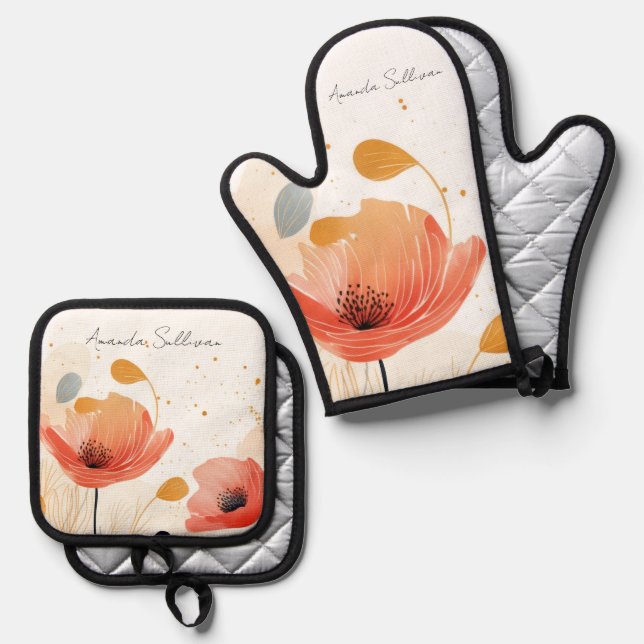 Ensemble De Gant De Cuisine Et De Manique Watercolor red poppy painting (Recto/Verso)