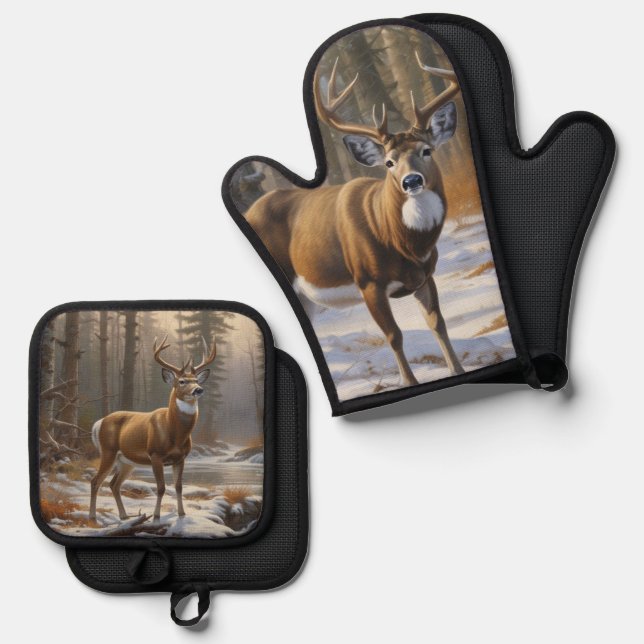 Ensemble De Gant De Cuisine Et De Manique Whitetail Buck (Recto/Verso)