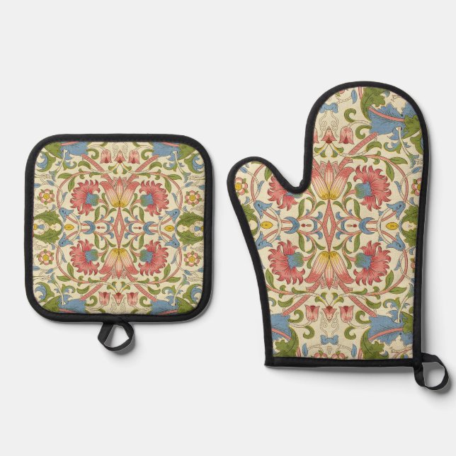 Ensemble De Gant De Cuisine Et De Manique William Morris Loddon Blossom Motifs Floraux (Recto)