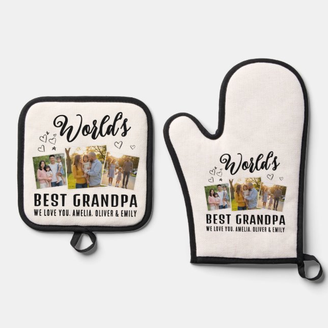 Ensemble De Gant De Cuisine Et De Manique World's Best Grandpa Custom 3 Photo Collage (Recto)