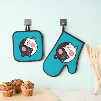 Ensemble De Gant De Cuisine Et De Manique Yin Yang Sleeping Cats In Black And White