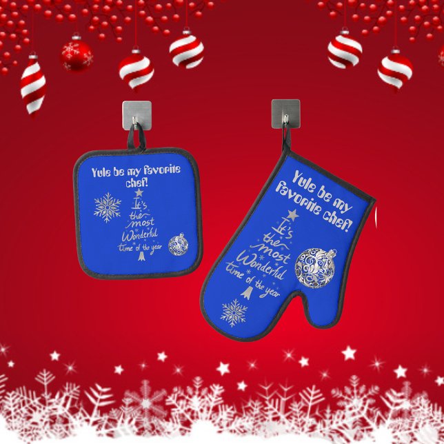 Ensemble De Gant De Cuisine Et De Manique Yule be my Favori Chef bleu/argent Noël | (Créateur téléchargé)