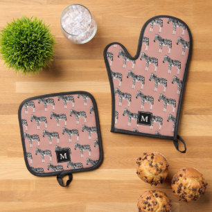 Ensemble De Gant De Cuisine Et De Manique Zebra Exotic Animal Motif Blush Pink Monogramme