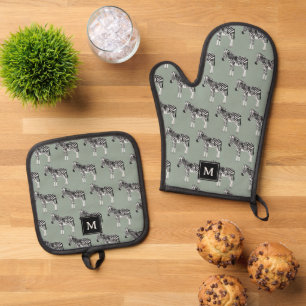 Ensemble De Gant De Cuisine Et De Manique Zebra Exotic Animal Motif Sage Green Monogramme
