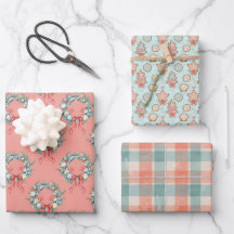 Ensemble de papier cadeau aqua corail de Noël côti