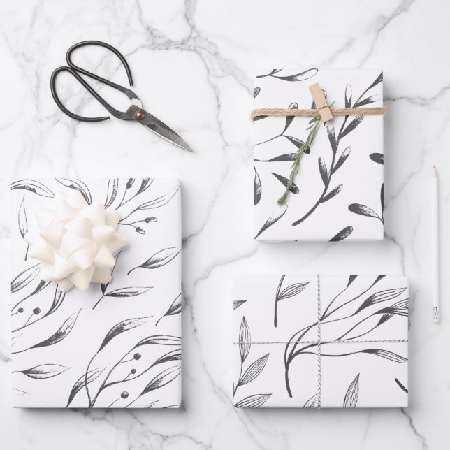 Ensemble de papier d'emballage botanique gris et b (Recto)