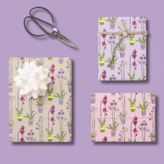 Ensemble de papier d'emballage illustré à la main  (Orchid gift wrap features whimsical potted orchids against retro pastel backgrounds.)