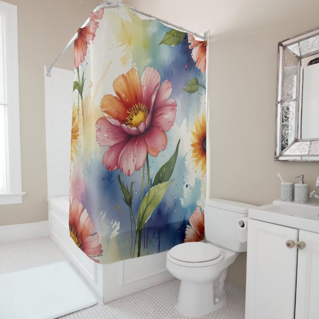 Ensemble de rideau de douche floral pastel (En situation)