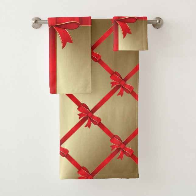 Ensemble de serviettes - Bow rouge et ruban sur or (En situation)