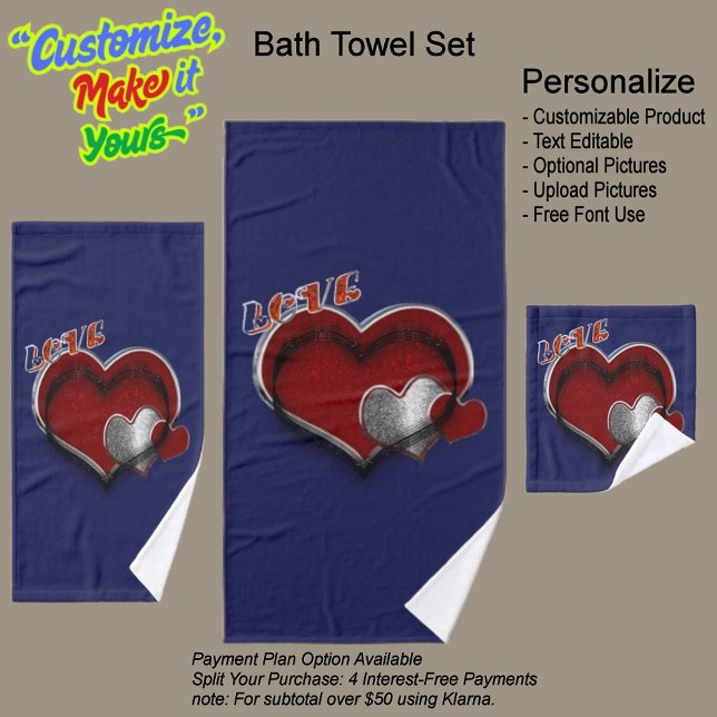 Ensemble de serviettes de bain bleu marine Heart M (Heart Magic Bathroom Towel Set Featuring a Navy Blue Background.)