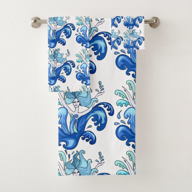 Ensemble de serviettes de bain bleu Sirène (En situation)