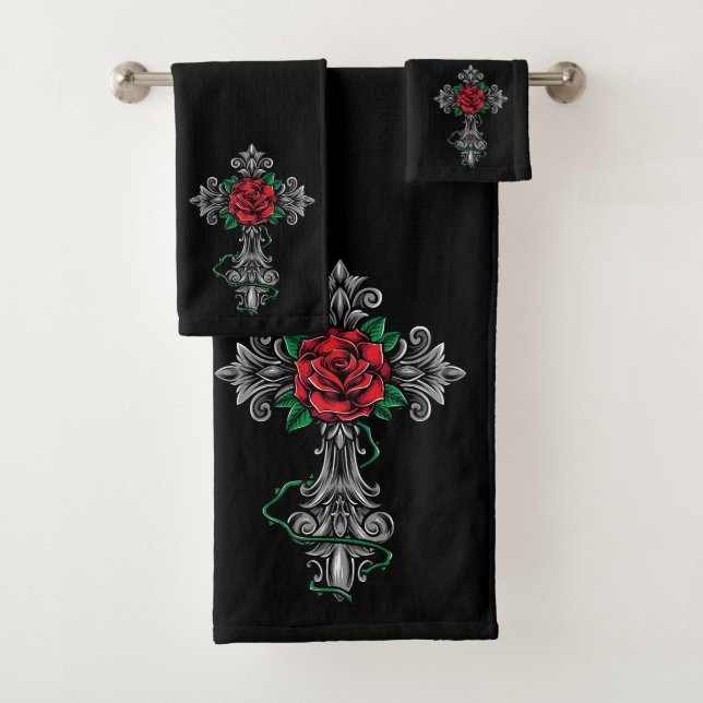Ensemble de serviettes de bain Crucifix et Rose (En situation)